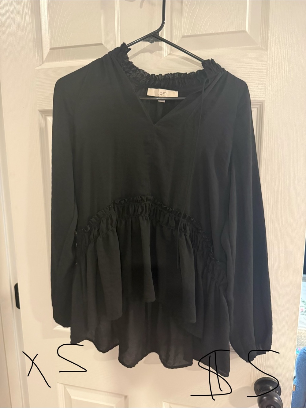 LOFT Black Ruffled Peplum Long-Sleeve Blouse - Picture 1 of 1